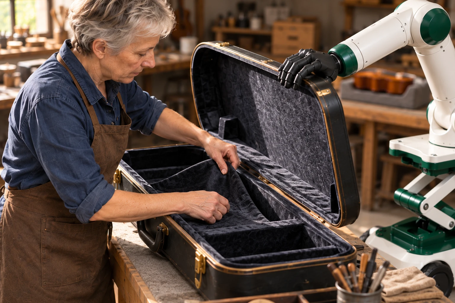 Muscle steadies the raised lid of an empty instrument case while the luthier refits its removable lining panel with both hands.