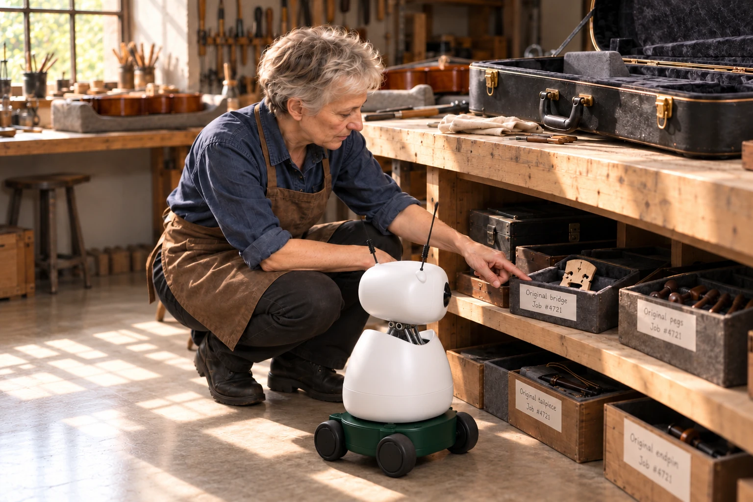 The luthier explains that original parts are kept with the customer job even when replacements are fitted. The worker identifies the customer’s original bridge in a labelled padded box on the low retained-parts shelf.