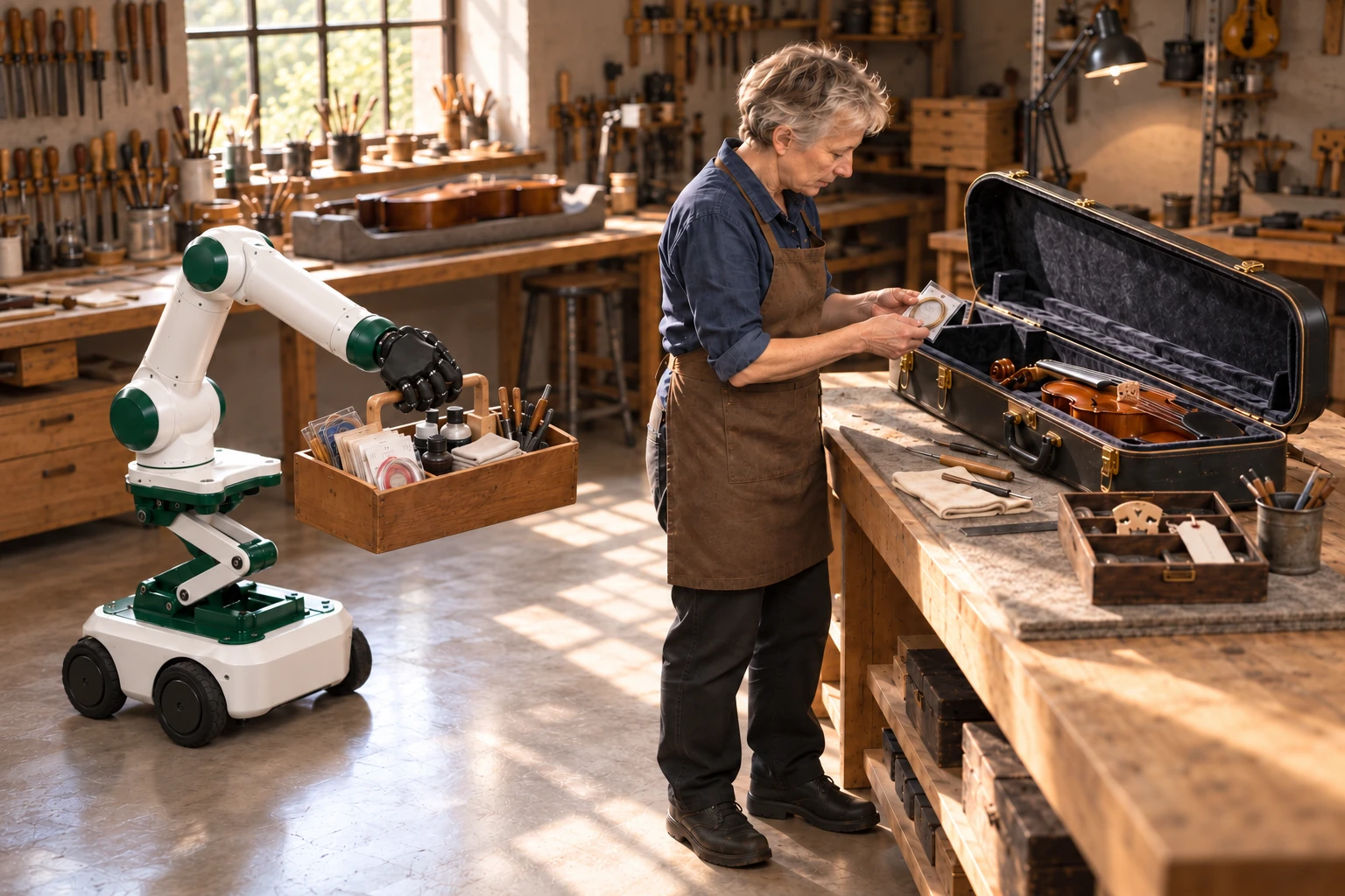 Muscle brings a small handled caddy of strings, clean cloths and setup tools to the workbench.