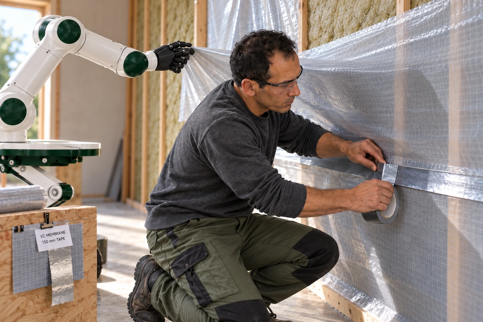 Muscle holds the loose doubled edge of a vapour-control membrane clear while the installer aligns and tapes a low overlap.
