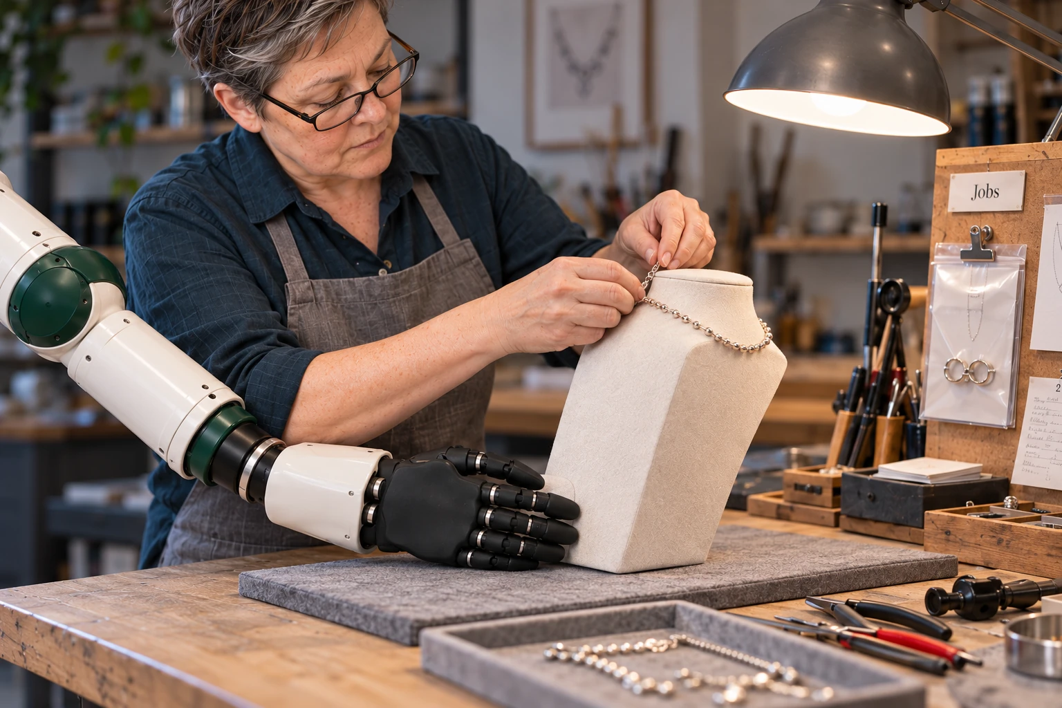 Muscle steadies the broad back of a necklace display bust while the jeweller arranges a customer’s necklace to review its length.