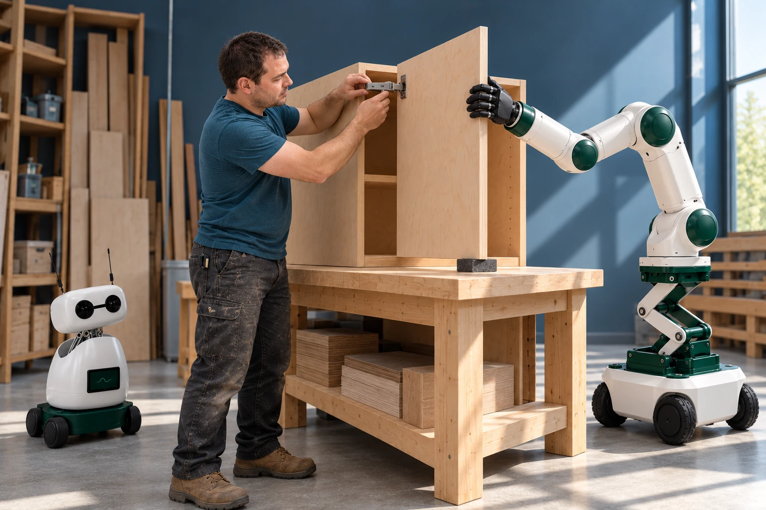 A cabinetmaker clips a door hinge while the robot steadies the supported door’s free edge.