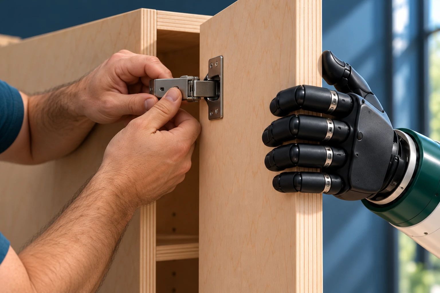 Close view of the cabinetmaker’s fingers at the hinge while the robot’s black hand steadies the door’s free edge.