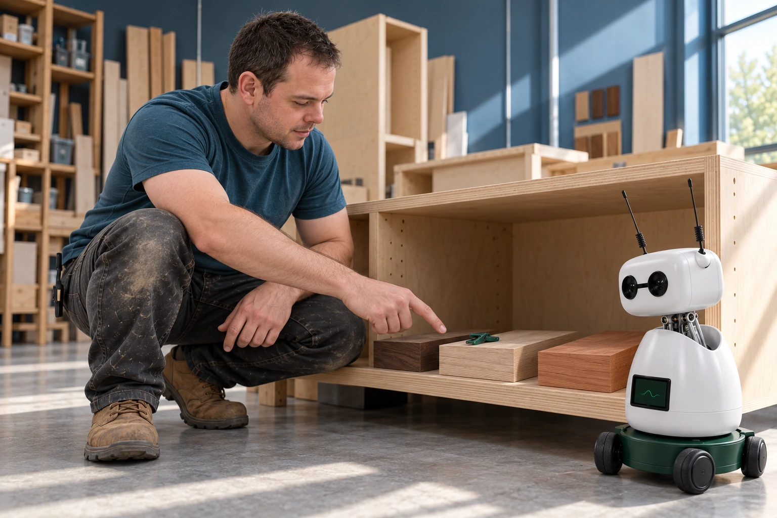 The cabinetmaker shows Mini the approved pale oak sample with a green clip on an open low shelf.