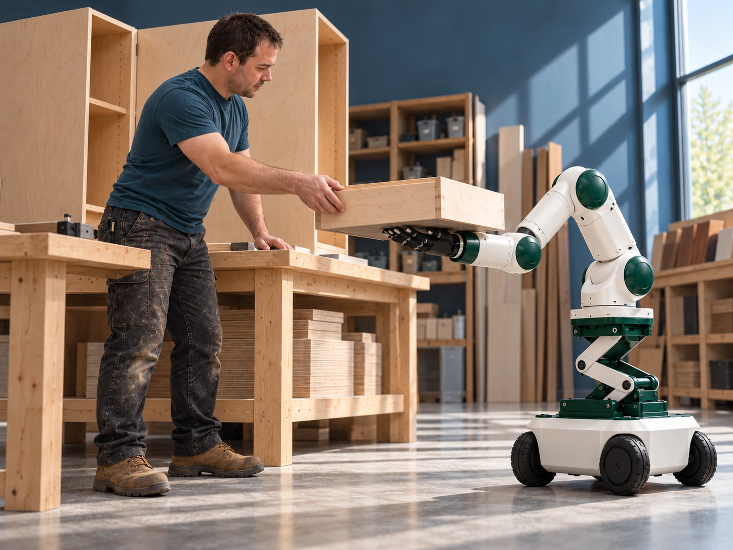 The mobile arm carries a shallow drawer box on its open palm while the cabinetmaker accepts the near rim.