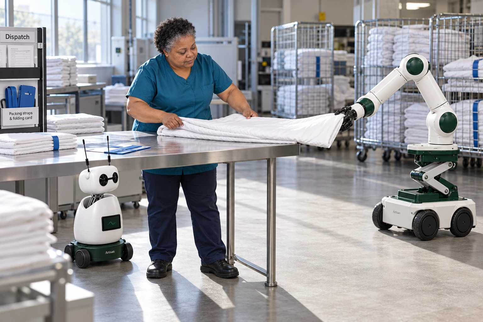 Muscle supports one end of a folded duvet cover while the finisher folds it over the table to match the customer’s packing format. Mini watches beside the skilled worker.