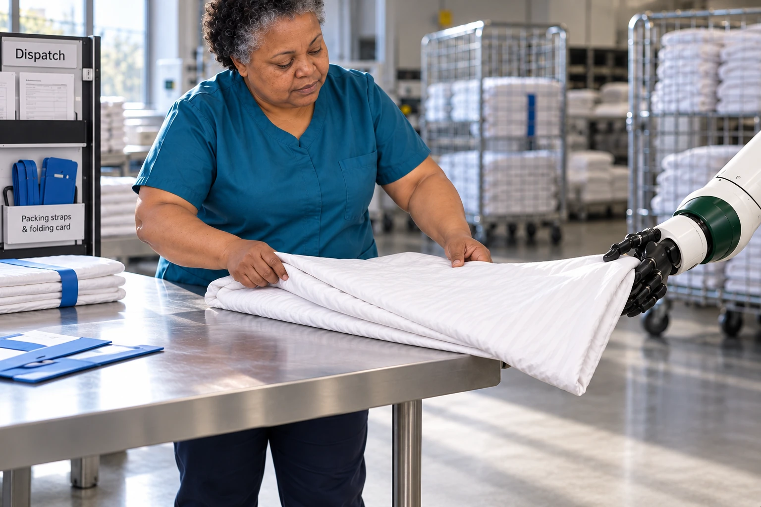 Muscle supports one end of a folded duvet cover while the finisher folds it over the table to match the customer’s packing format.