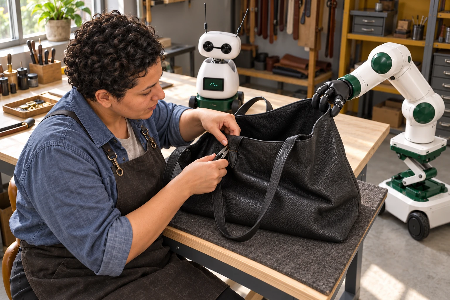 A leatherworker works on a tote’s exterior handle-tab stitches while the floor robot lifts its soft far wall and Mini watches from the bench.