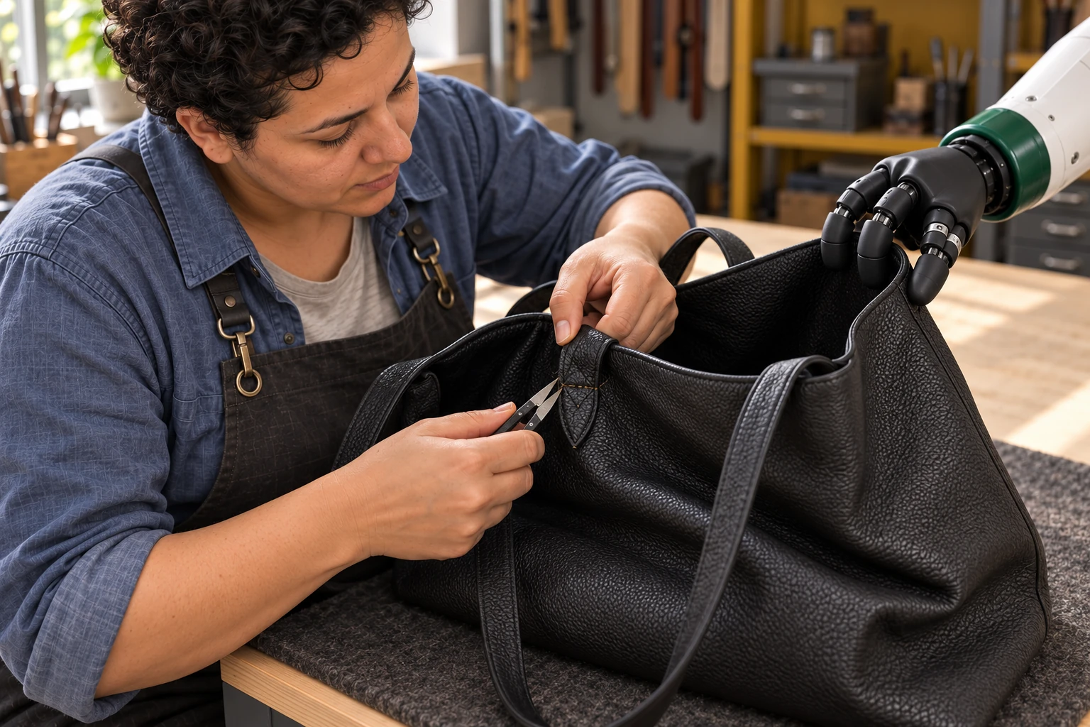 Close view of the black robotic hand keeping a tote rim upright while the leatherworker handles an old stitched handle tab.