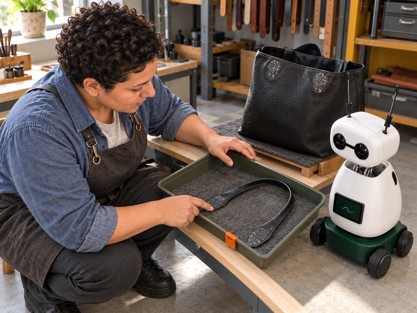 The leatherworker shows Mini the removed tote handle in an olive tray beside the bench.