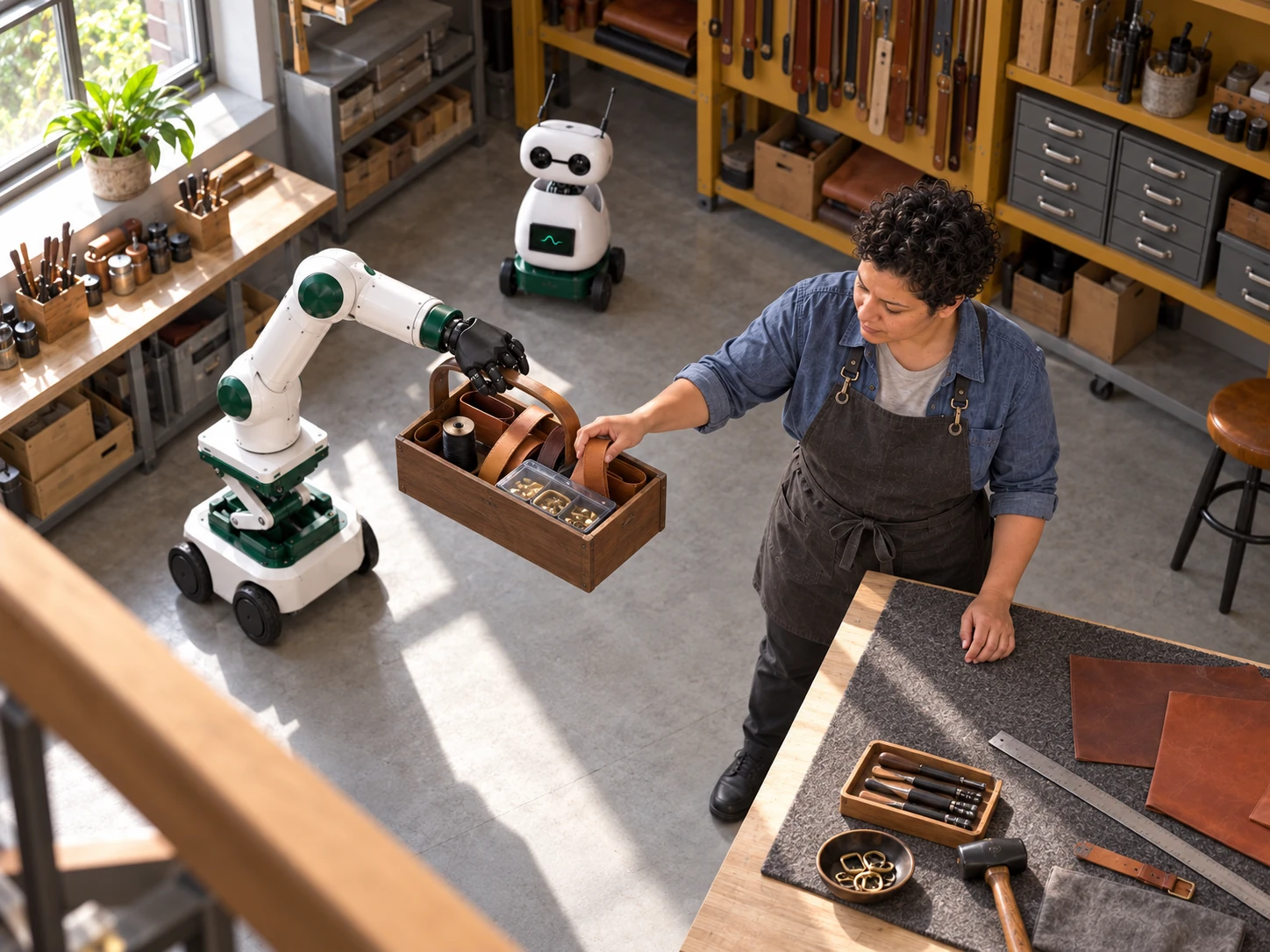 The wheeled robot brings a handled caddy of strap blanks, hardware and thread to the leatherworker.