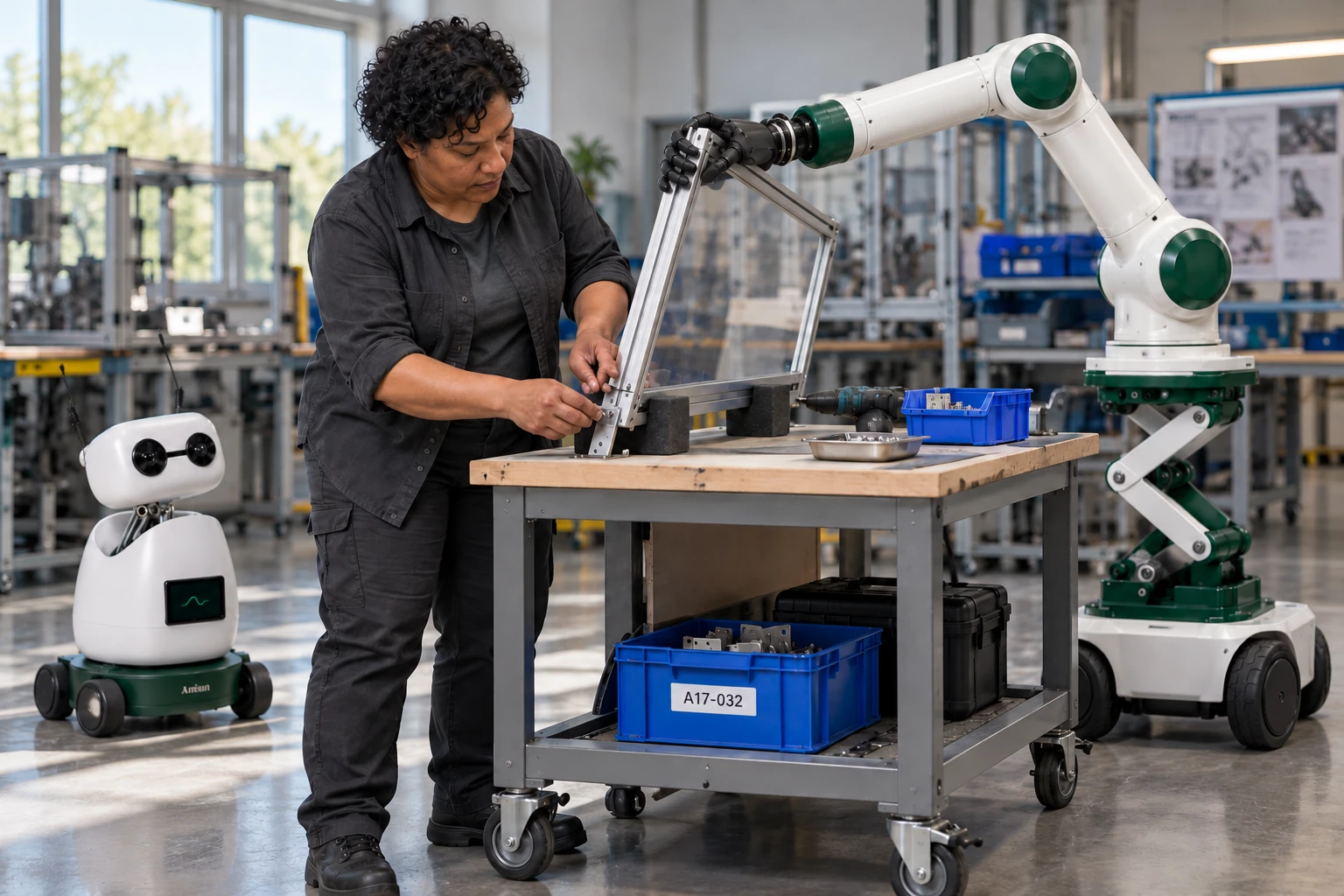 Muscle steadies the free edge of a lightweight guard while the assembler uses both hands to locate its mounting bracket.