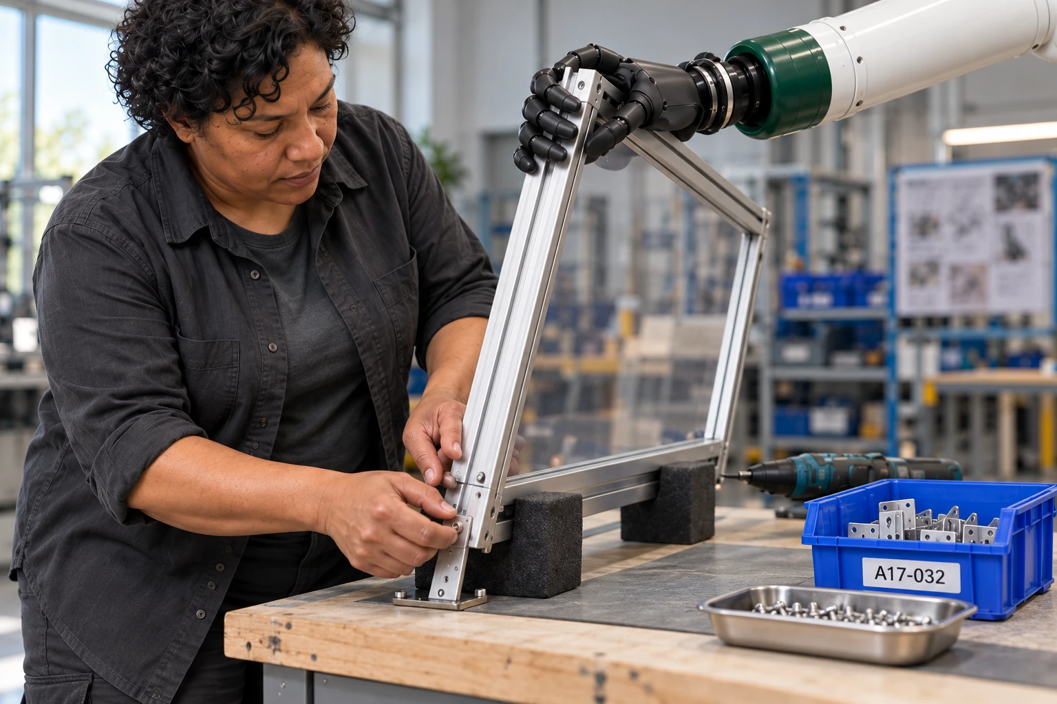 Muscle steadies the free edge of a lightweight guard while the assembler uses both hands to locate its mounting bracket.
