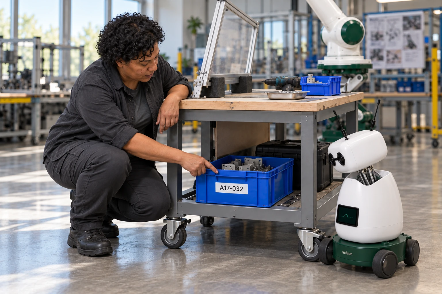 Assembler explains why these matched spacers stay with this machine through final assembly. The worker shows Mini the matching guard spacer set, now in the blue box with the build number on the lower cart; Mini listens and looks at that actual object.