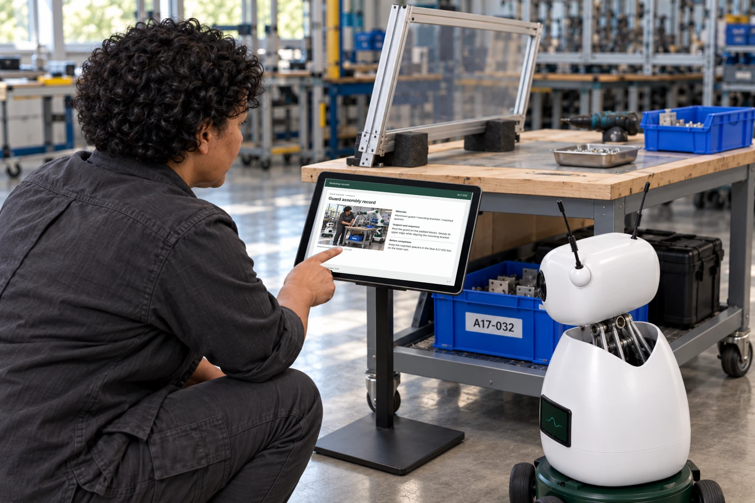 Worker and Mini consult a supported tablet/laptop: We find the guard drawing revision and the assembly bill of materials.