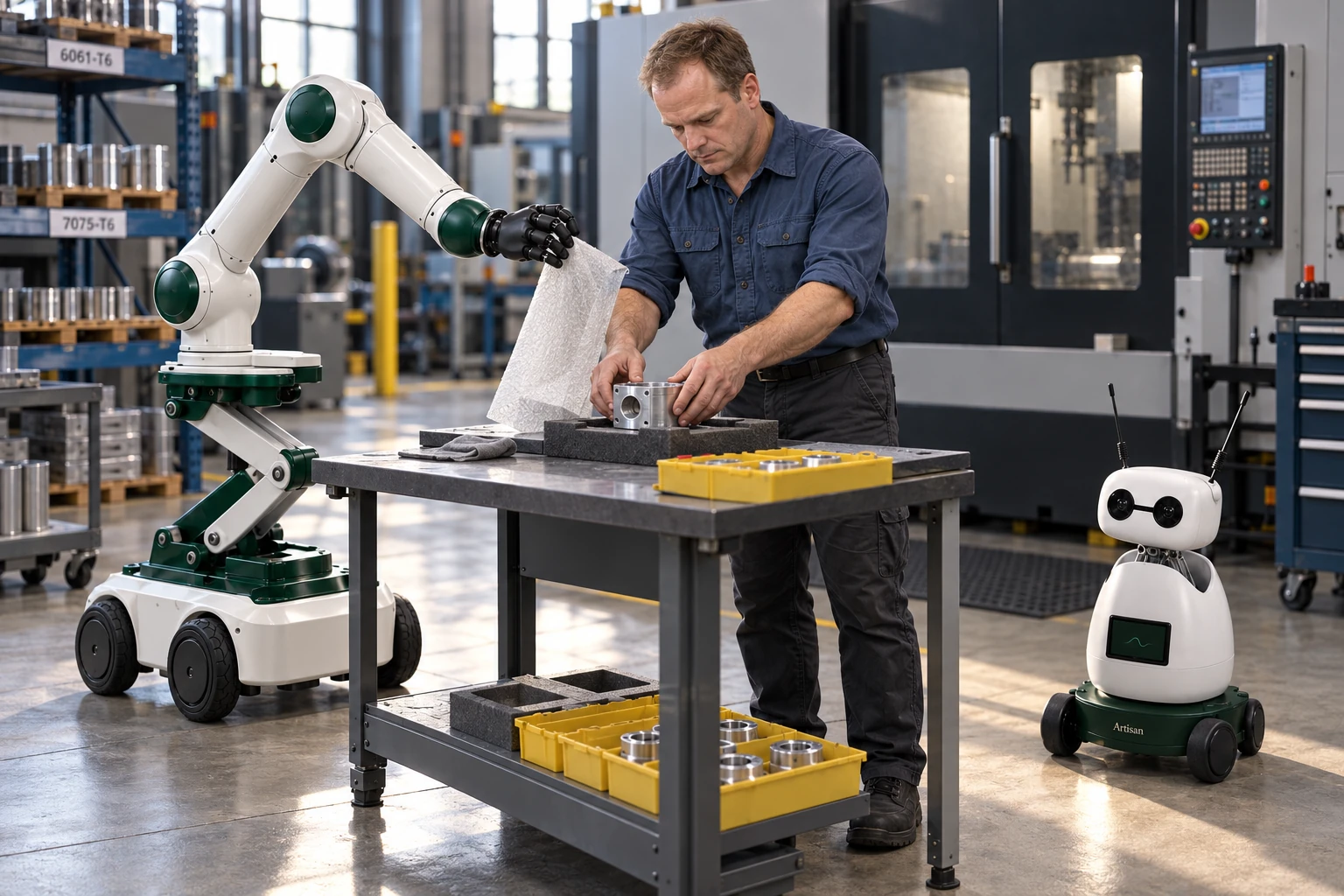 Muscle steadies the loose backing of a protective wrap while the machinist uses both hands to place a small finished aluminium housing into a bench-supported nest.