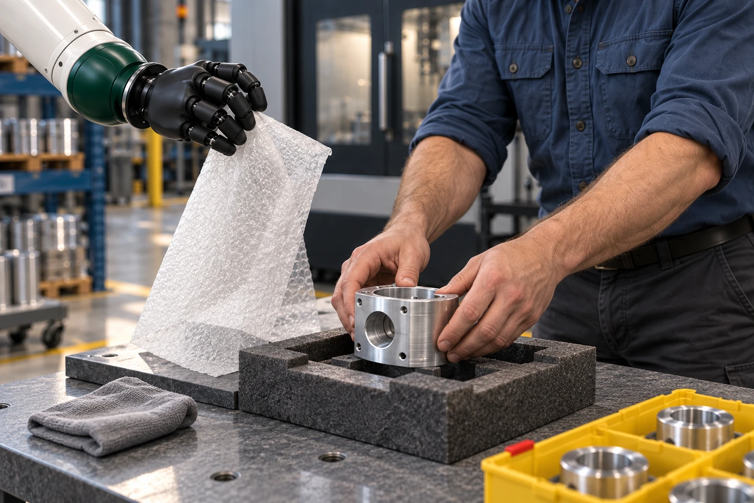 Muscle steadies the loose backing of a protective wrap while the machinist uses both hands to place a small finished aluminium housing into a bench-supported nest.