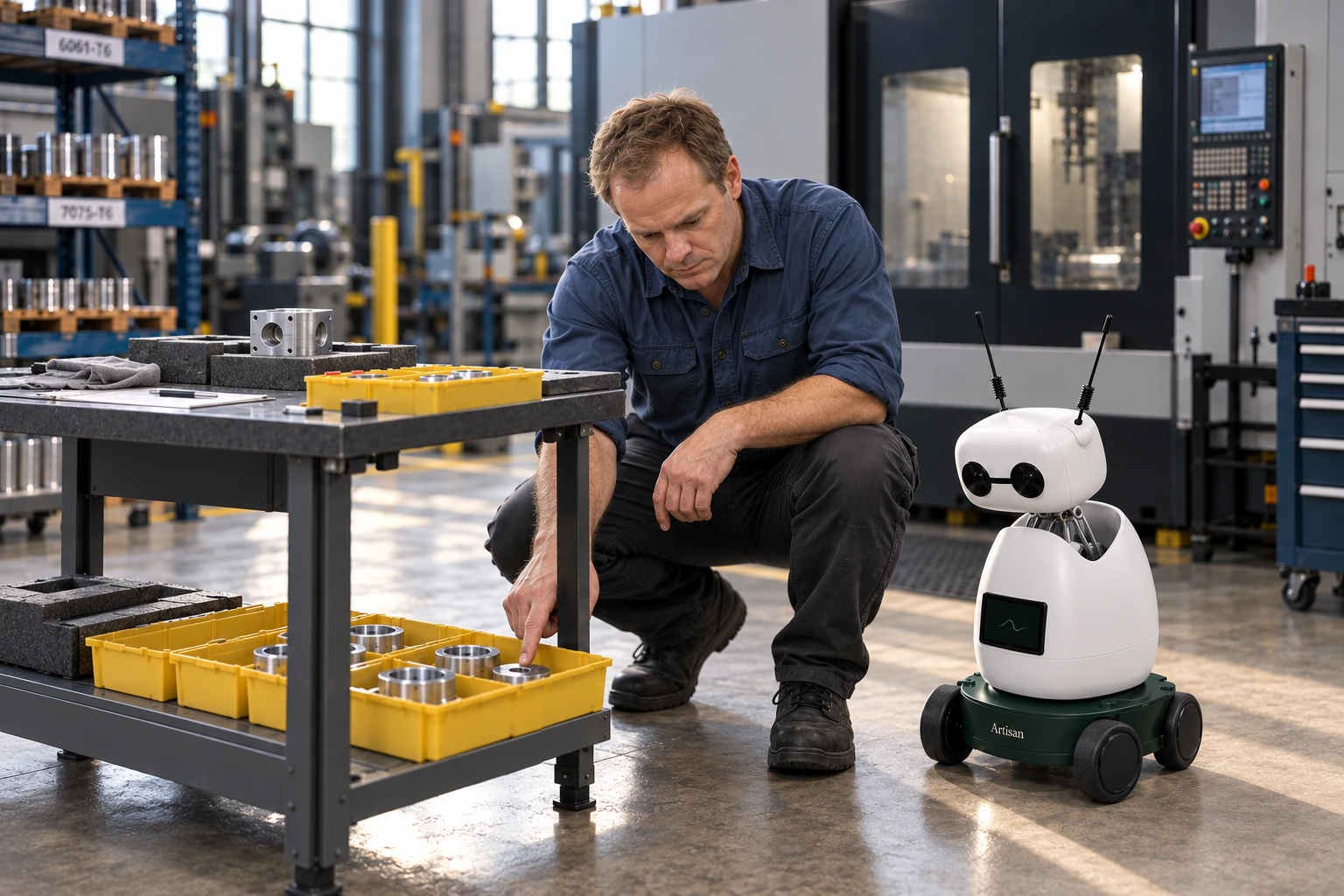 Machinist explains that this first-off spacer remains separate from the batch until its checks are recorded. The worker shows Mini the first-off spacer, now in the yellow divided tray on the lower inspection cart; Mini listens and looks at that actual object.