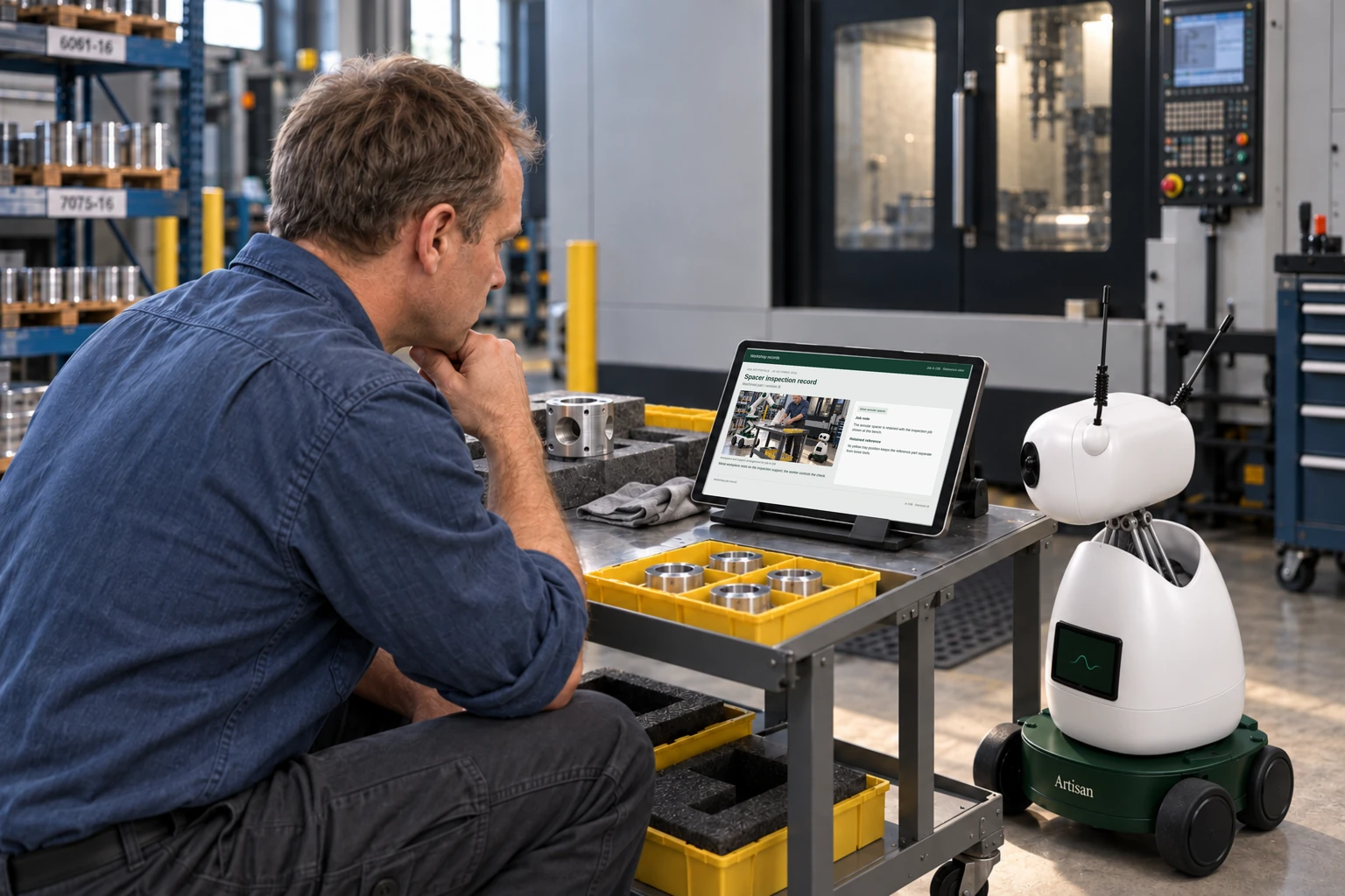 Worker and Mini consult a supported tablet/laptop: We find the drawing revision, material callout and inspection plan.