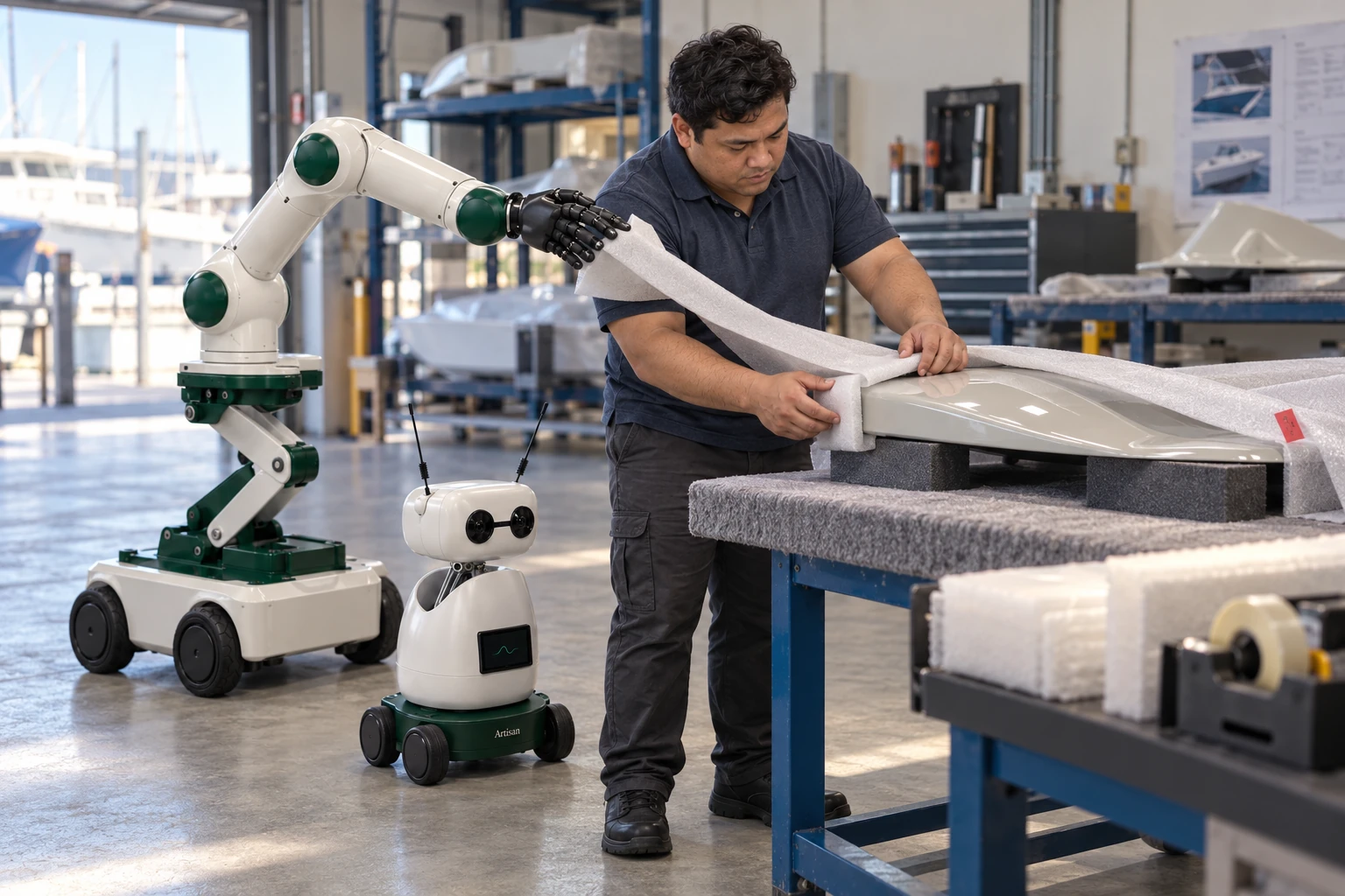 Muscle holds back a loose foam wrap flap while the worker uses both hands to locate a padded corner on a small cured fairing.