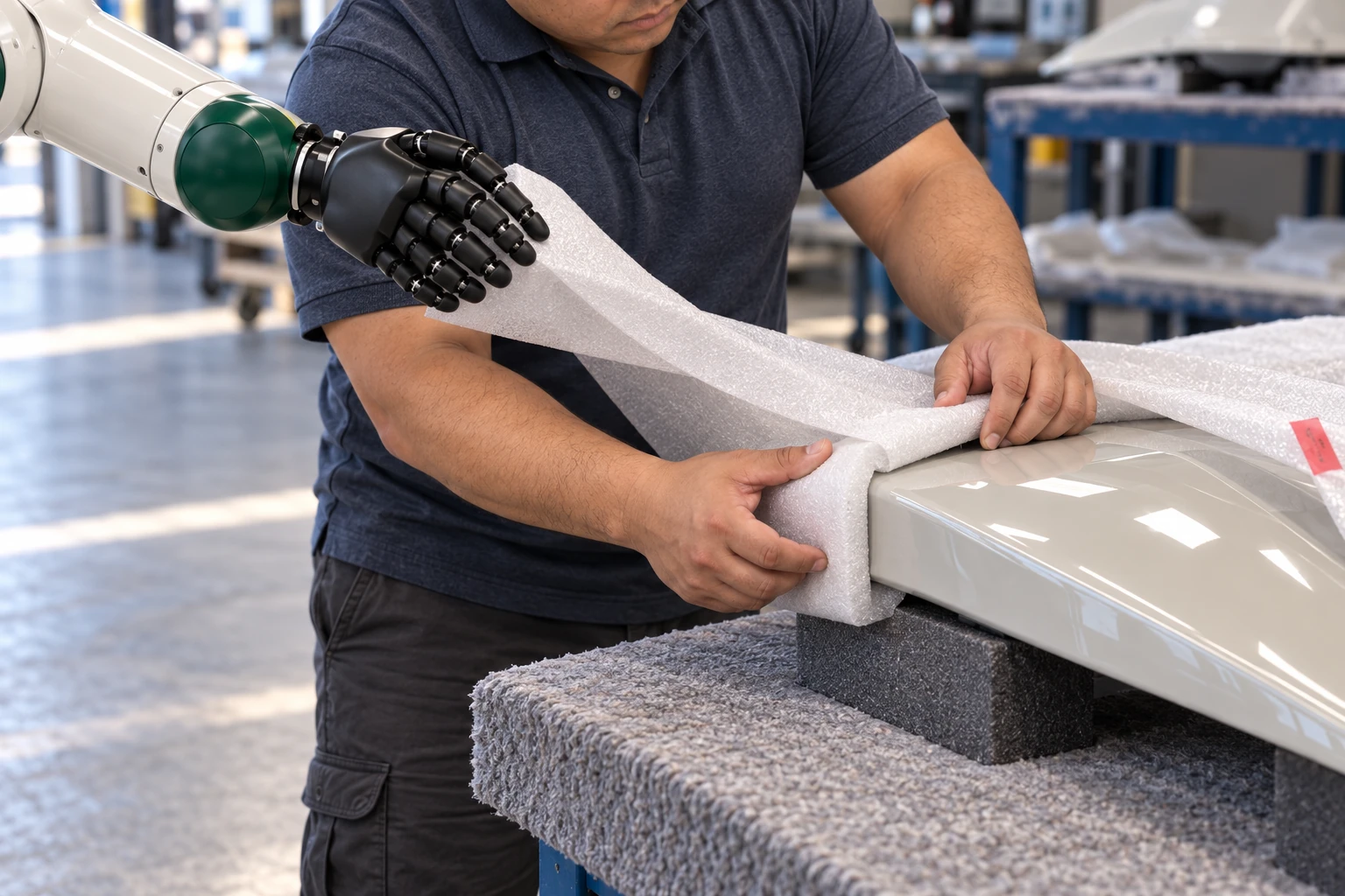 Muscle holds back a loose foam wrap flap while the worker uses both hands to locate a padded corner on a small cured fairing.