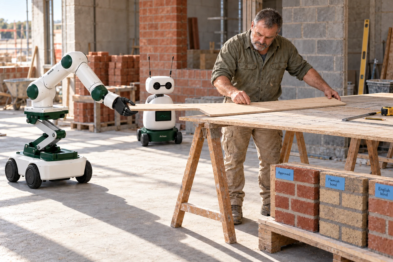 Muscle supports the free end of a thin plywood opening template while the mason checks it against the marked setting-out board on trestles. Mini watches beside the skilled worker.