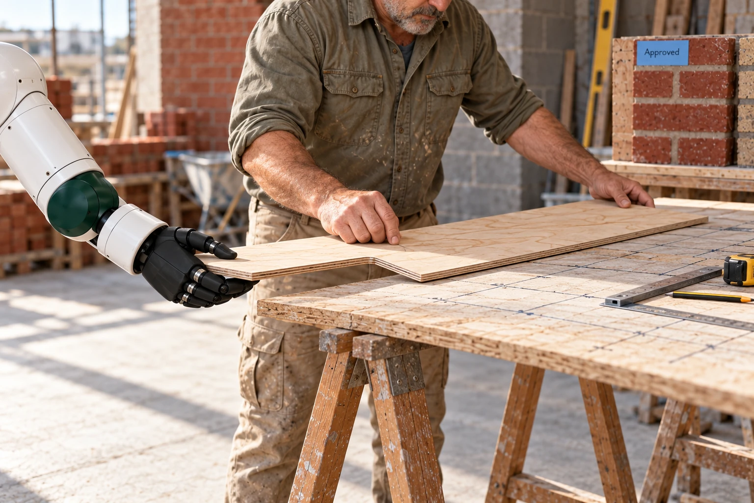 Muscle supports the free end of a thin plywood opening template while the mason checks it against the marked setting-out board on trestles.