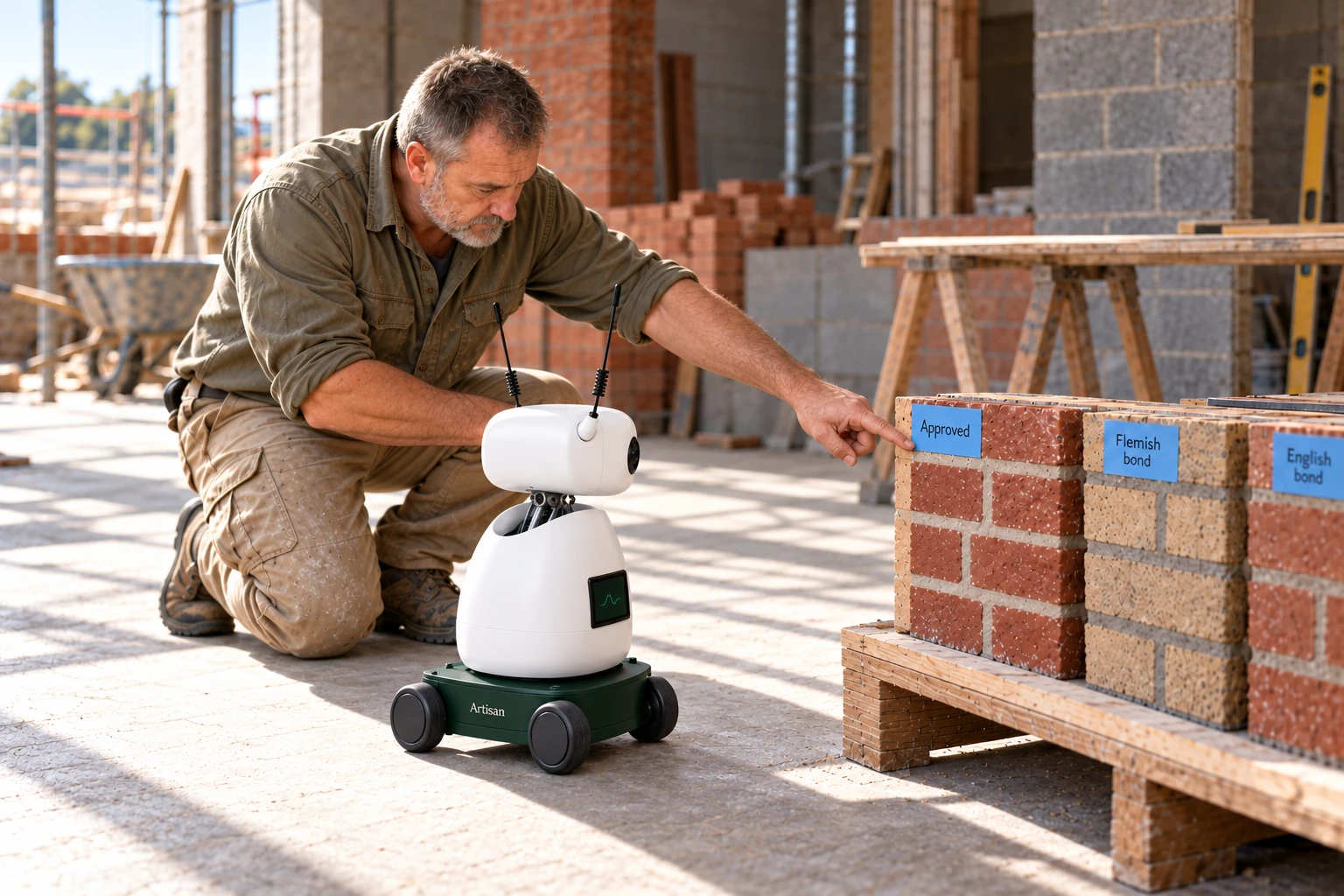 The mason shows Mini the blue-tagged brick panel and explains that its joint profile is the approved finish for the extension.