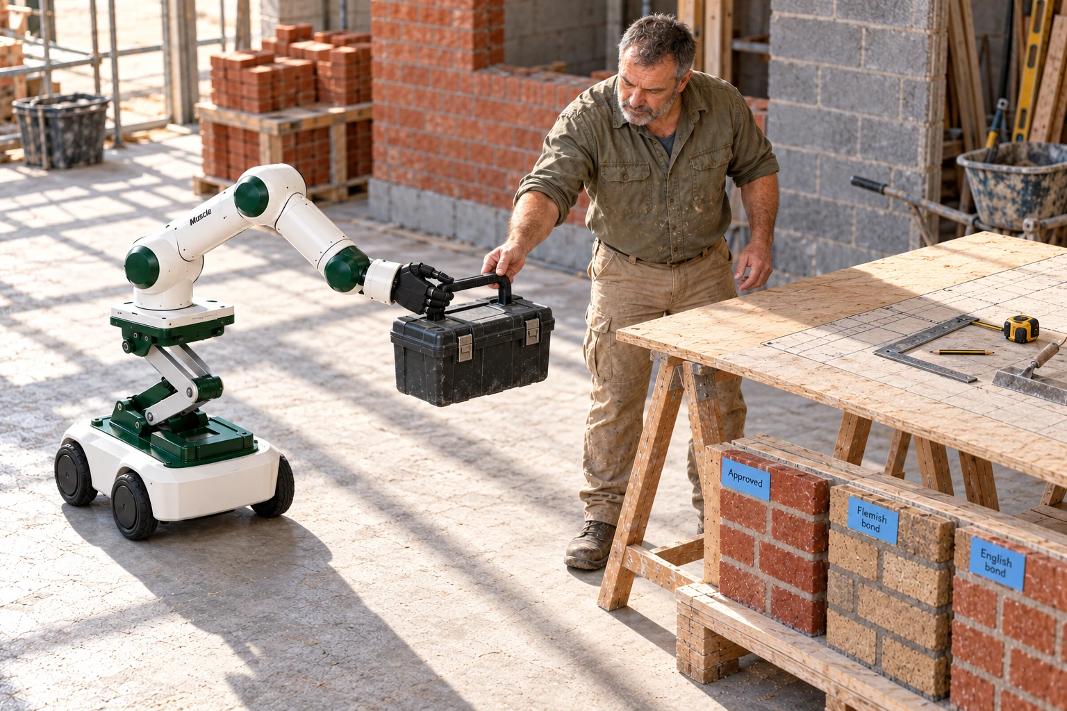 Muscle brings a closed handled box of pointing tools to the mason’s ground-level work area.