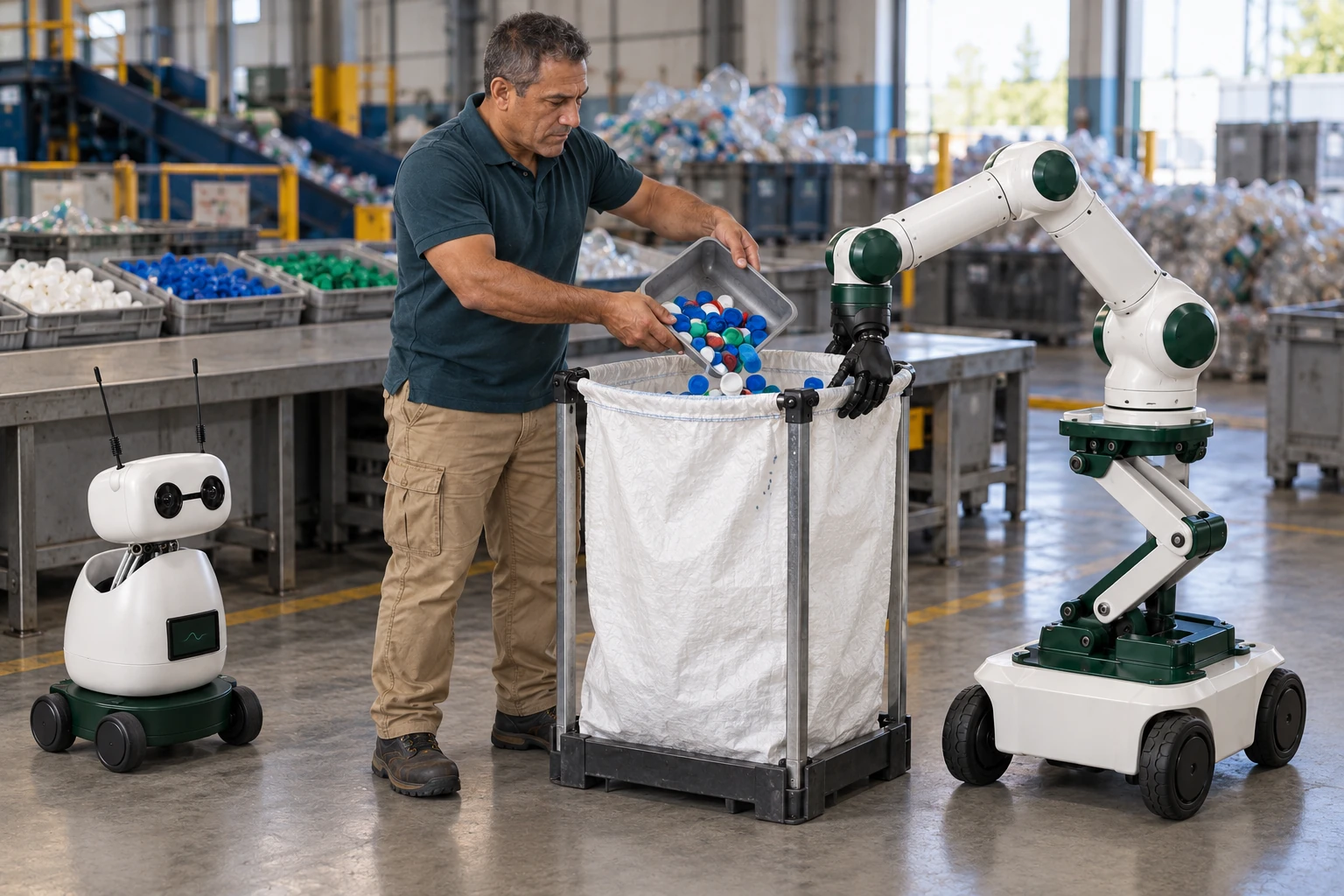 Muscle keeps one side of a broad collection sack open while an operator tips a small tray of sorted clean plastic caps into it. Mini observes the actual handwork from a separate clear floor position.
