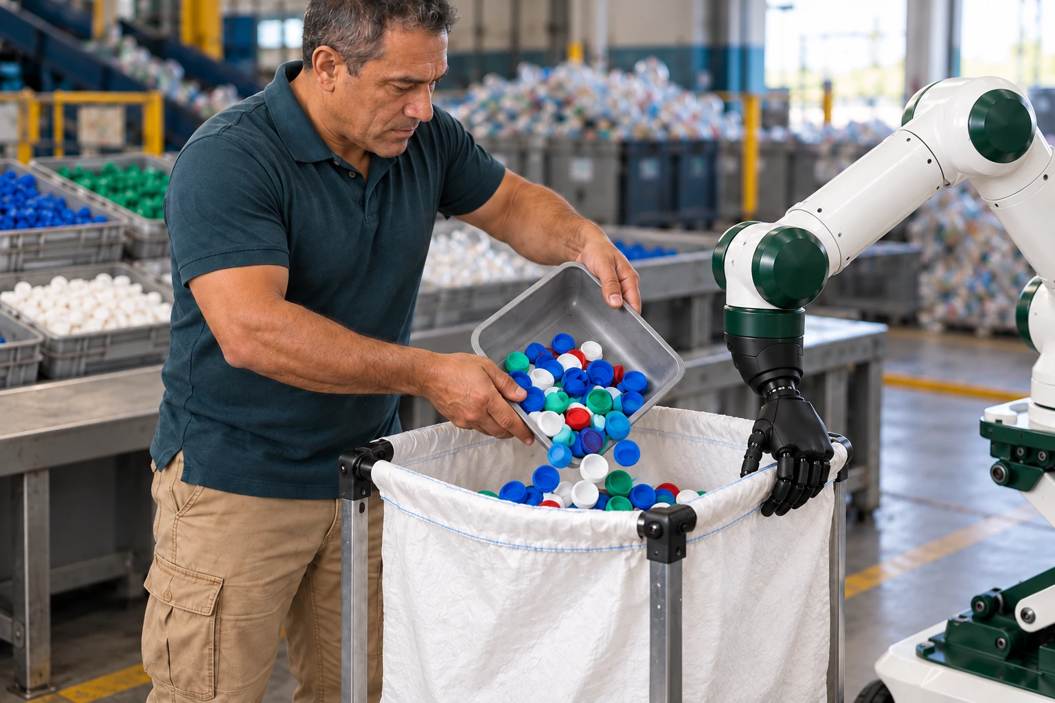 Muscle keeps one side of a broad collection sack open while an operator tips a small tray of sorted clean plastic caps into it.