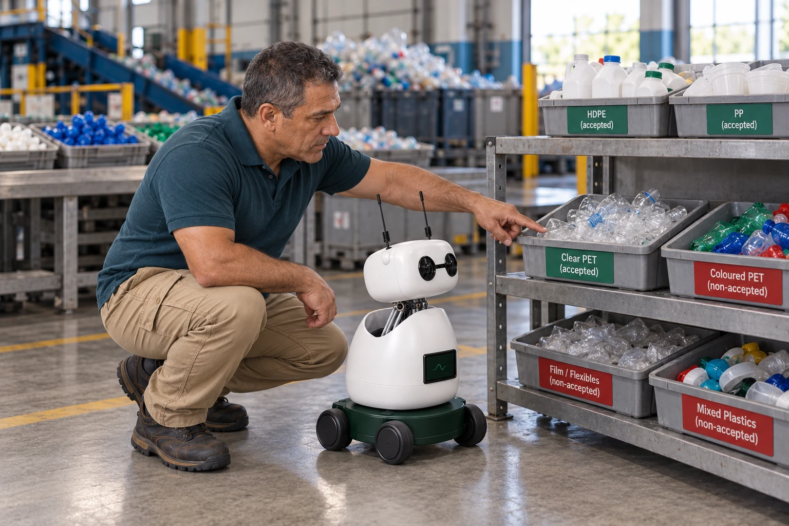 The operator explains which retained sample defines the accepted clear-plastic grade for this customer. The worker identifies the approved clear-plastic sample in a green-labelled tub on the low grade-reference shelf.