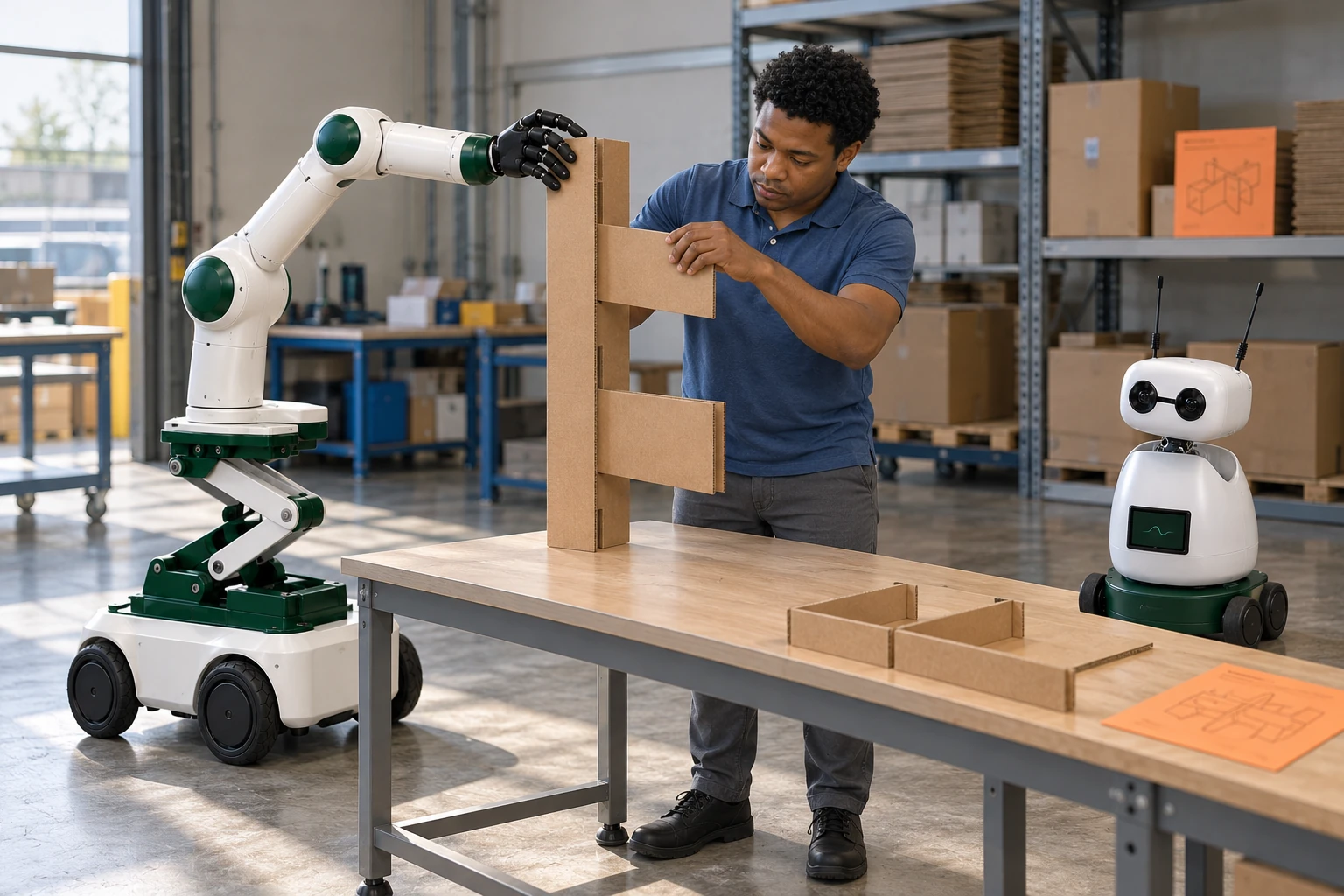 Muscle steadies the tall spine of an empty transit-divider assembly while an operator slots and secures its two crosspieces with both hands. Mini observes the actual handwork from a separate clear floor position.