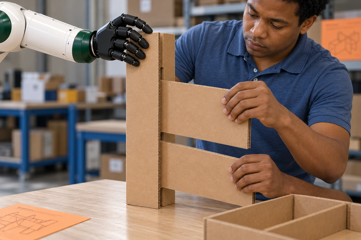 Muscle steadies the tall spine of an empty transit-divider assembly while an operator slots and secures its two crosspieces with both hands.
