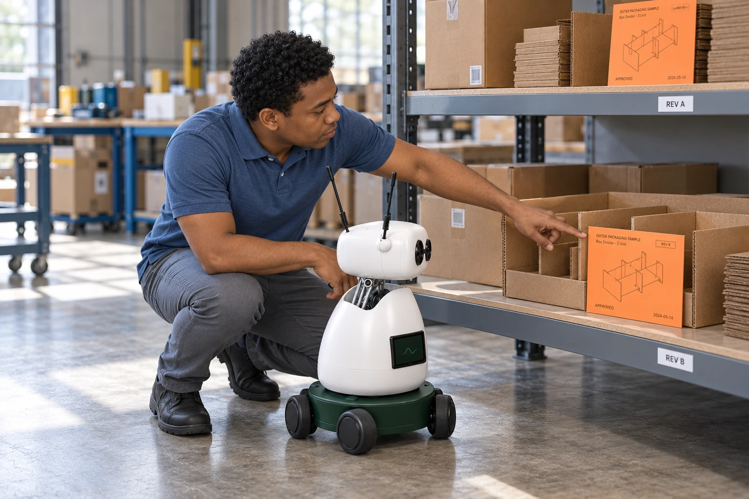 The supervisor explains that the current approved packaging sample is identified by its revision card. The worker identifies the approved outer-carton sample with its orange revision card on the low packaging-reference shelf.