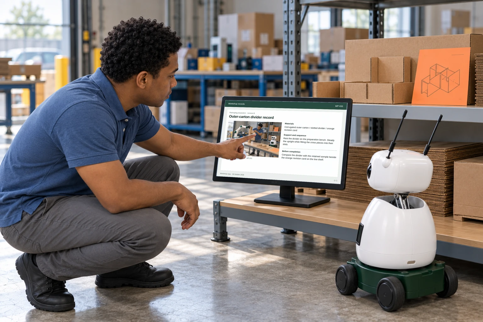 An operator and Mini consult the approved outer-packaging drawing and its revision record at a supported display.