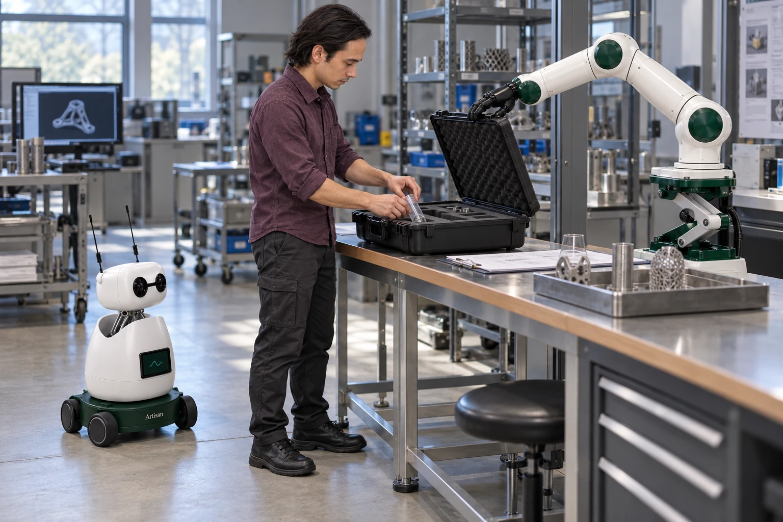 Muscle supports an open protective case lid while the operator uses both hands to secure a small finished print in the supported foam insert.