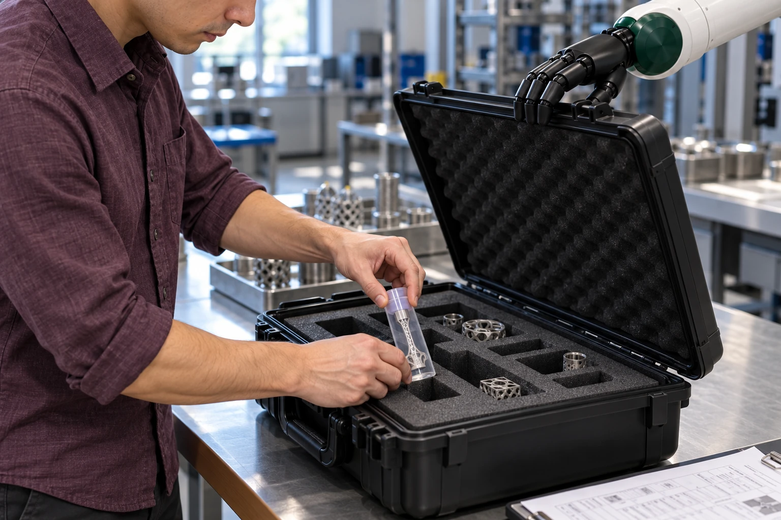 Muscle supports an open protective case lid while the operator uses both hands to secure a small finished print in the supported foam insert.