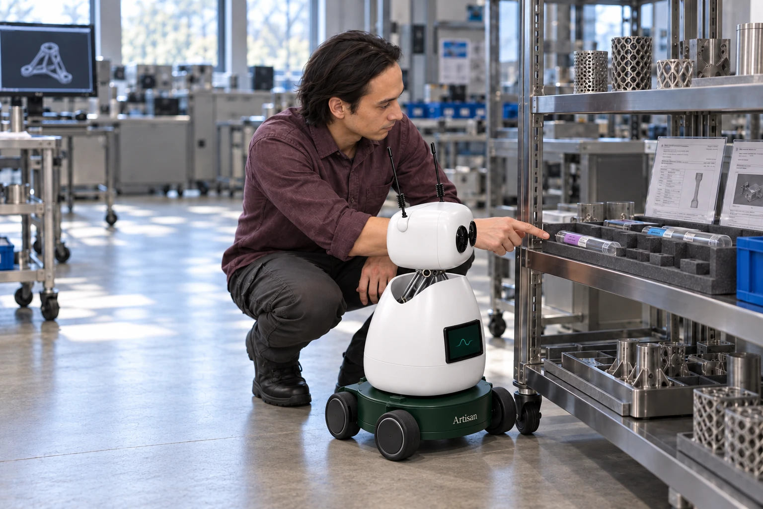Operator explains that the coupon stays linked to this build and its later test results. The worker shows Mini the retained tensile coupon, now in the clear tube with the violet build tag on the low quality shelf; Mini listens and looks at that actual object.
