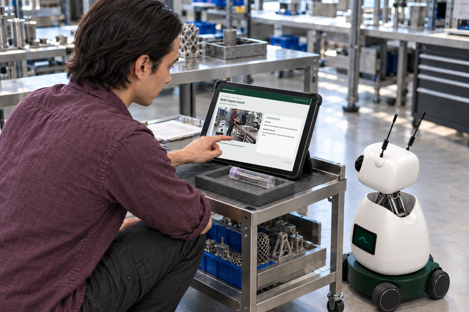 Worker and Mini consult a supported tablet/laptop: We find the build revision, material certificate and post-processing route.