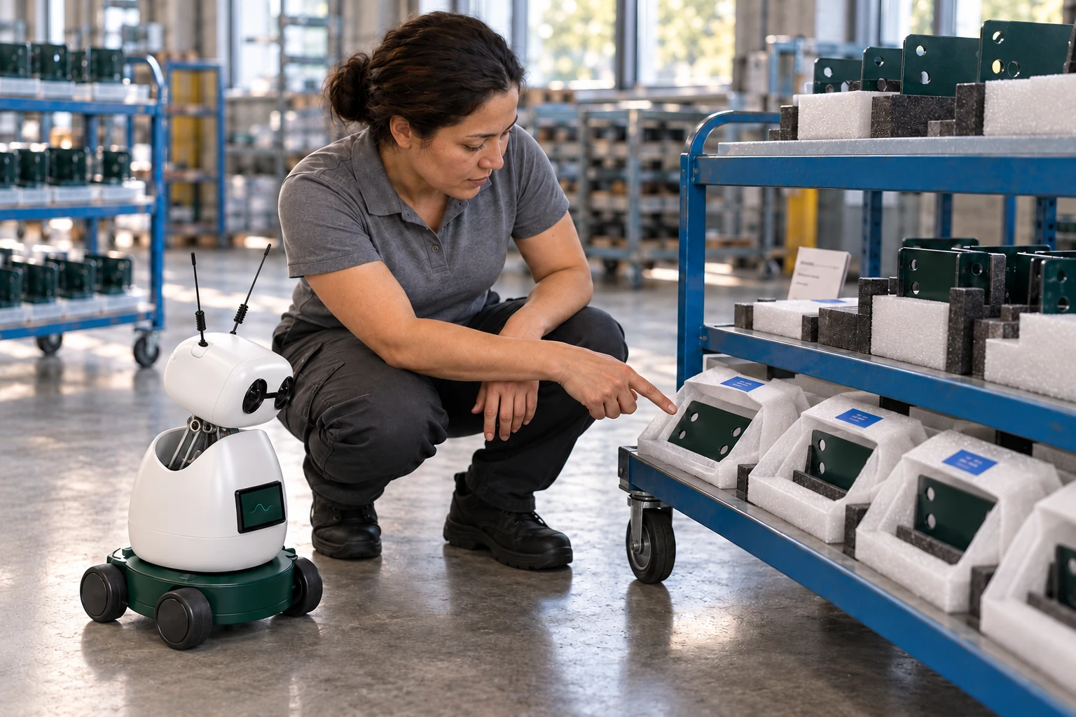 Finisher explains which sample represents the customer-approved colour and texture. The worker shows Mini the approved coated sample, now in the white pouch with the blue finish tag on the low sample rack; Mini listens and looks at that actual object.