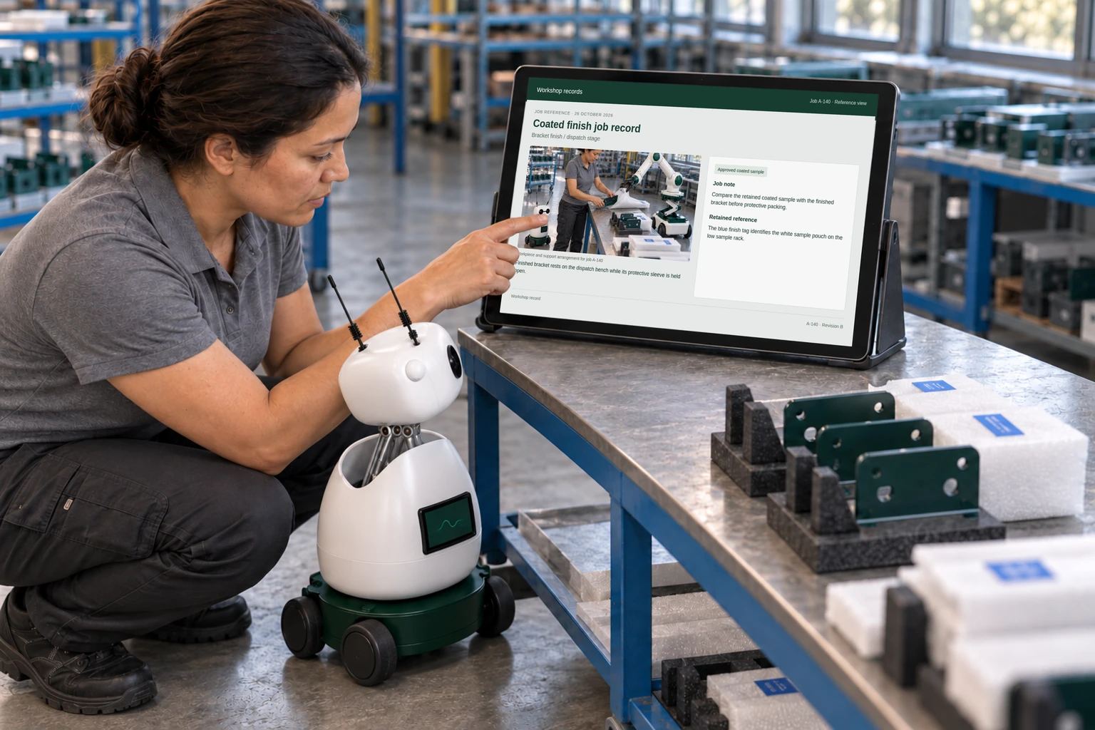 Worker and Mini consult a supported tablet/laptop: We find the finish specification, masking notes and handling requirements.