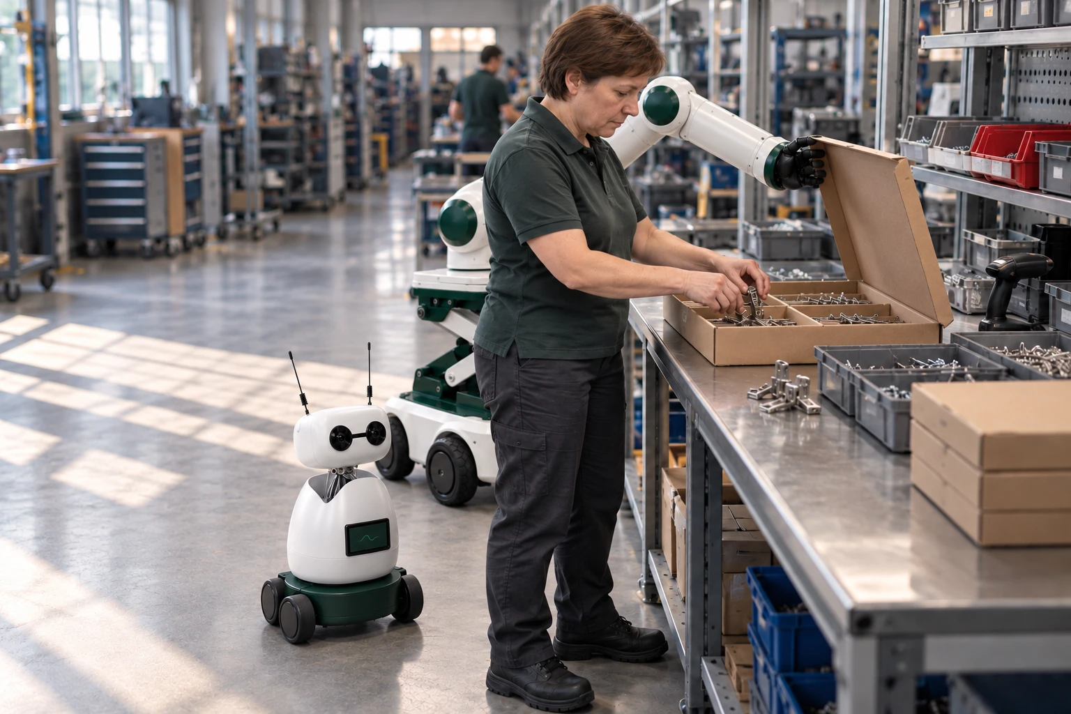 Muscle holds a hinged carton lid upright while the assembler uses both hands to seat the matching hardware kit in its divider.