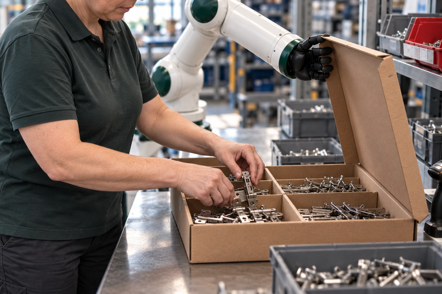 Muscle holds a hinged carton lid upright while the assembler uses both hands to seat the matching hardware kit in its divider.
