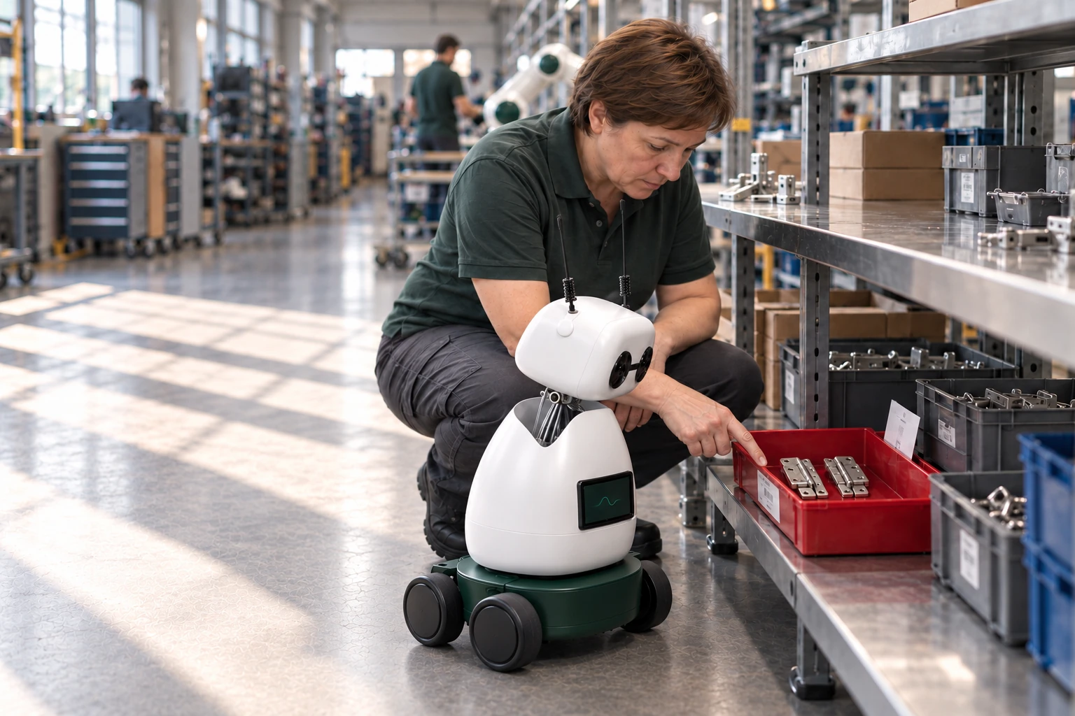 Assembler explains which hinge pair is the reference for this left/right kit. The worker shows Mini the approved hinge pair, now in the red sample box on the lower assembly shelf; Mini listens and looks at that actual object.