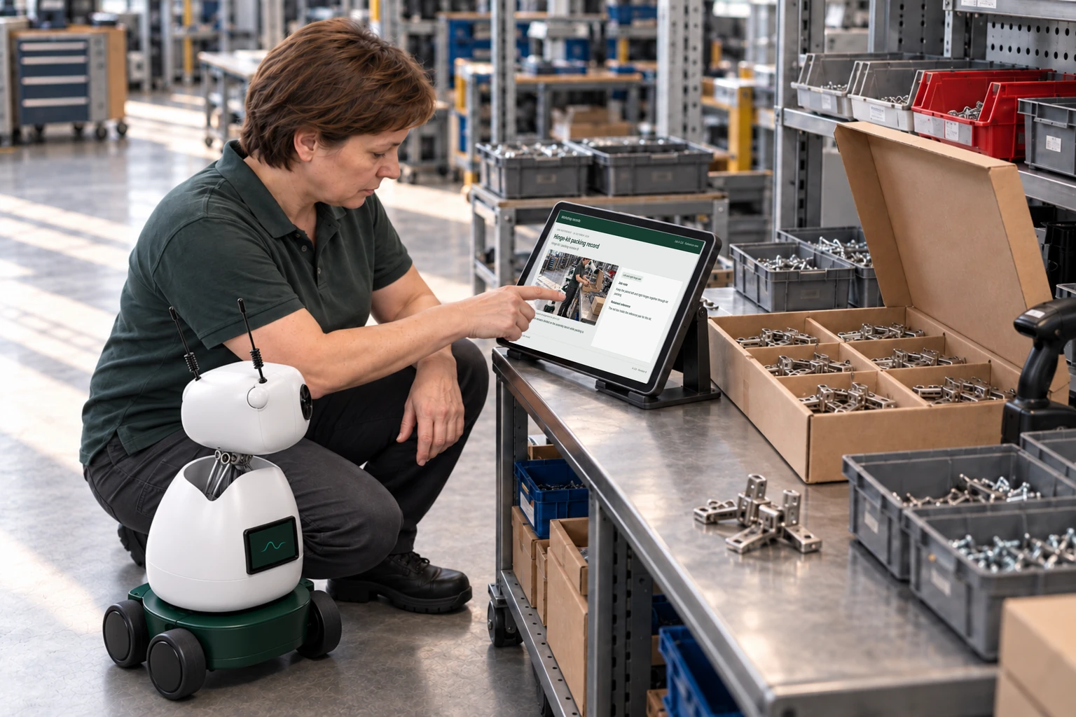 Worker and Mini consult a supported tablet/laptop: We find the kit bill of materials, finish code and packing diagram.