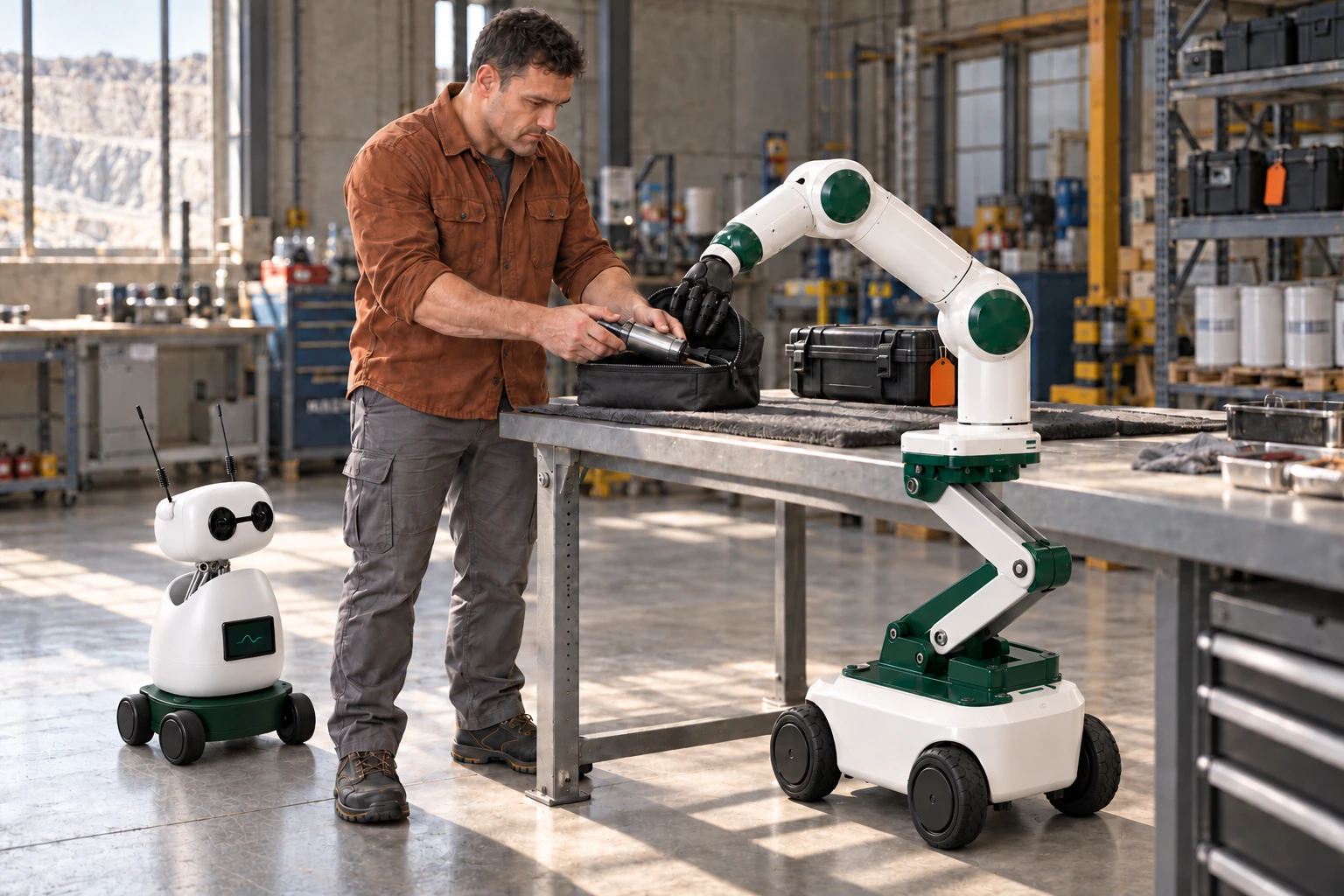 Muscle holds the reinforced mouth of a clean protective cover open while a mechanic packs a small disconnected inspection tool with both hands. Mini observes the actual handwork from a separate clear floor position.
