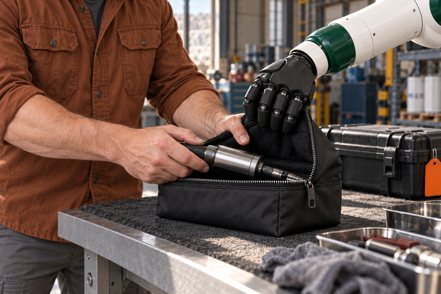 Muscle holds the reinforced mouth of a clean protective cover open while a mechanic packs a small disconnected inspection tool with both hands.