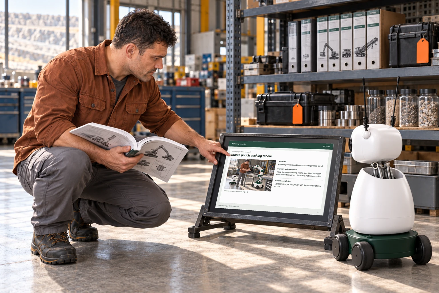 A mechanic and Mini consult the service-kit inventory and a source equipment manual at the depot display.