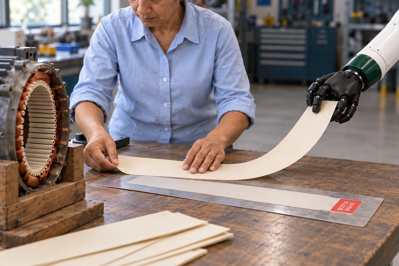Muscle holds the free end of a broad insulation strip while the rewinder uses both hands to compare its length against the saved pattern.